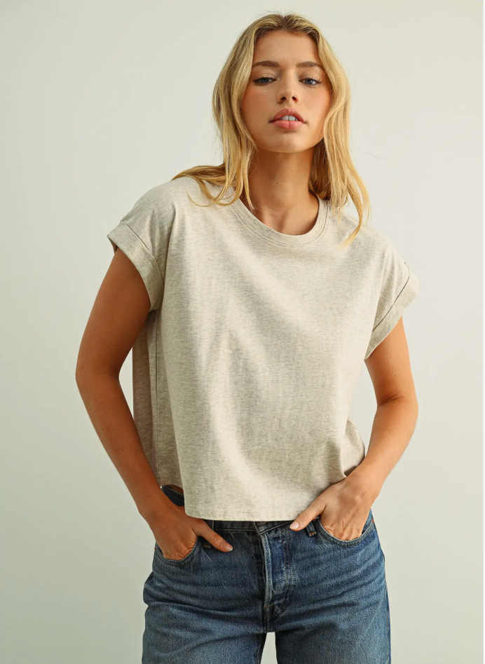 melange tan round neck cuffed sleeve top