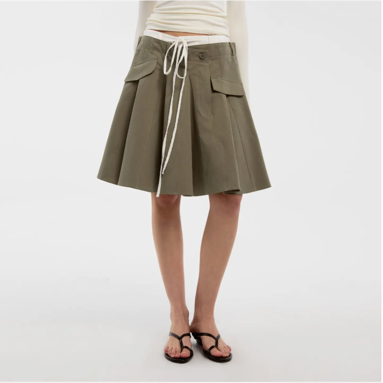 lace-trimmed drawstring midi skirt
