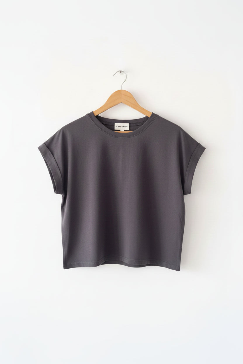 charcoal round neck cuffed sleeve top