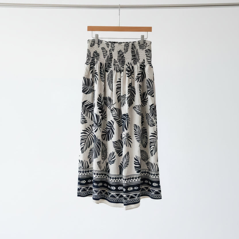 tropical borderprint smocked waist maxi skirt