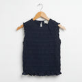 navy sleeveless with all over smocking top