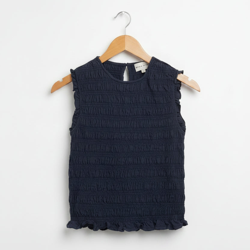 navy sleeveless with all over smocking top
